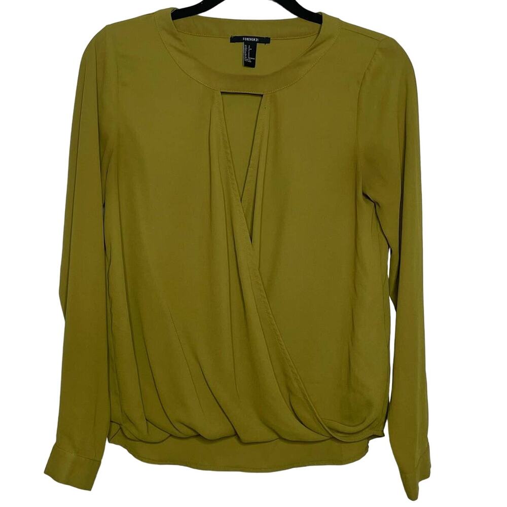 Forever 21 Faux Wrap Blouse Key Hole Long Sleeve Button Cuff Mustard Green Small